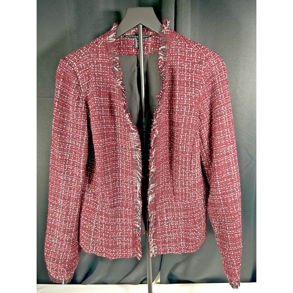 White House Black Market Tweed Blazer Size 8 Burgundy Fringe Trim Power Dressing